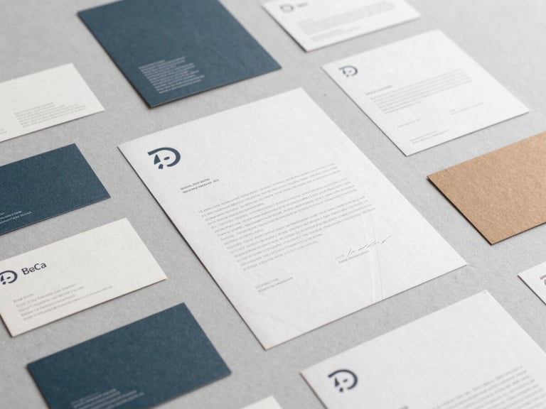 Wide flat-lay of mismatched printed materials — different business cards, inconsistent flyers, and varied letterheads spread across a light gray surface under even diffused daylight, showing visible fragmentation and lack of system