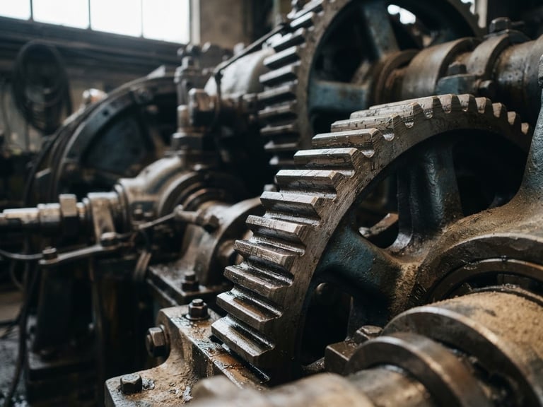 Extreme close-up of heavy industrial machinery gears, muted steel blue tones, soft overcast daylight, shallow depth of field, authentic grit.