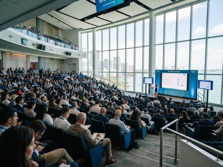 Wide environmental shot of a modern medical conference hall in Miami, bright high-key daylight through massive windows, clinical corporate blue and white tones, sharp focus, 35mm