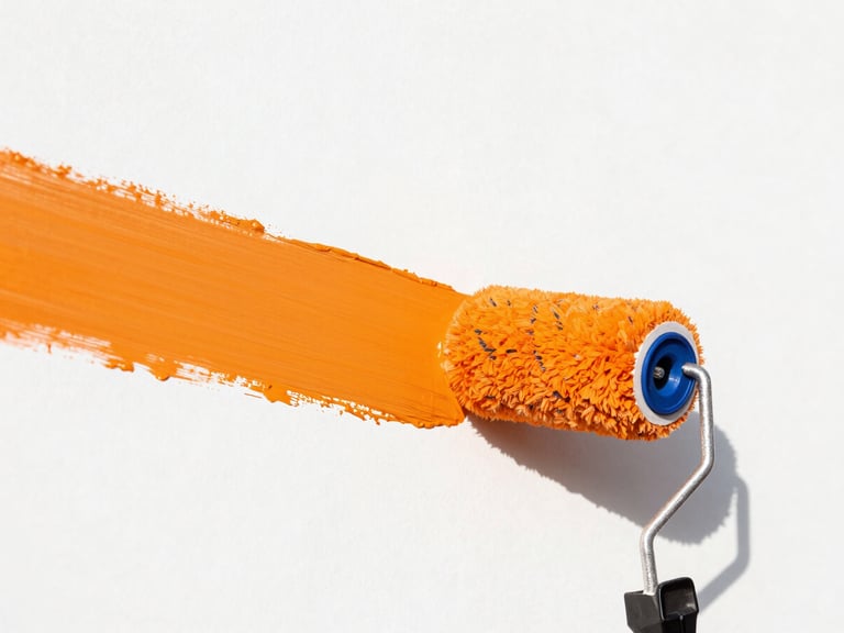 Macro photograph of a clean paint roller leaving a perfectly saturated, vibrant orange stroke on a stark white wall, high-key natural daylight, sharp focus