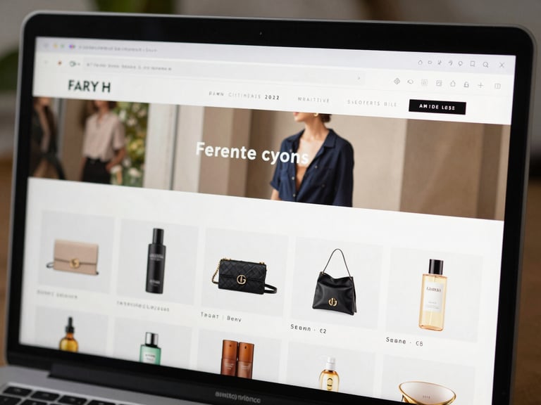 Full browser window screenshot of a clean eCommerce storefront on a light background, product grid visible with sharp product cards, natural daylight environment, high contrast showing crisp interface detail, desktop viewport