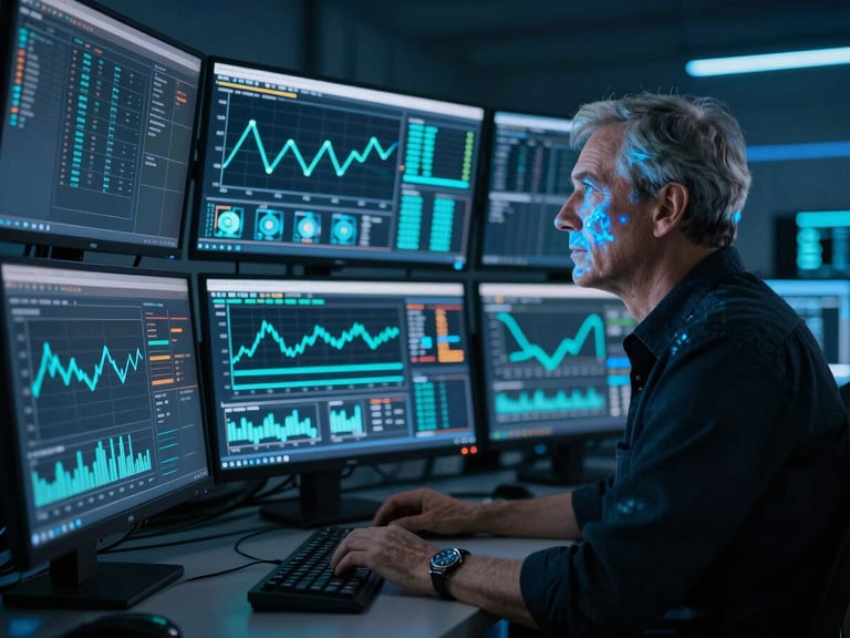 Senior IT professional monitoring multiple screens displaying real-time server performance graphs in a dark control room, blue light reflections on face, no direct eye contact with camera, technical atmosphere, 33mm lens.