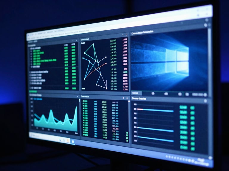 Detailed view of a Windows Server operating system interface on a monitoring screen, displaying performance metrics and network graphs, dark room with blue light, sharp focus, technical atmosphere, editorial technology photography.