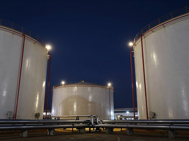 Low-angle dramatic wide shot of massive white liquid storage tanks at dusk, deep navy sky, sharp industrial floodlights reflecting off steel pipelines.