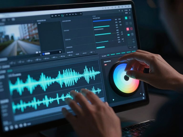 Over-the-shoulder macro shot of a video editing timeline in Premiere, glowing cyan and blue audio waveforms, hands on a color-grading wheel, low-key ambient studio lighting.