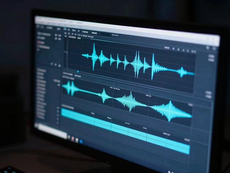 Sleek technological photography, close-up of a video editing timeline with glowing audio waves on a monitor in a dark professional editing suite, low-key cool studio lighting, macro depth of field