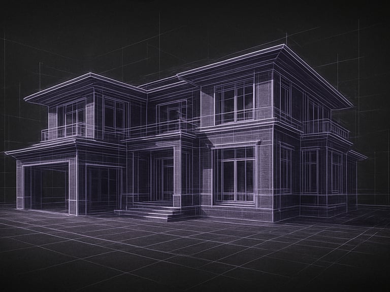 A highly detailed 3D architectural wireframe model of a luxury residential villa, glowing purple lines on a dark charcoal blueprint background, technical annotations.