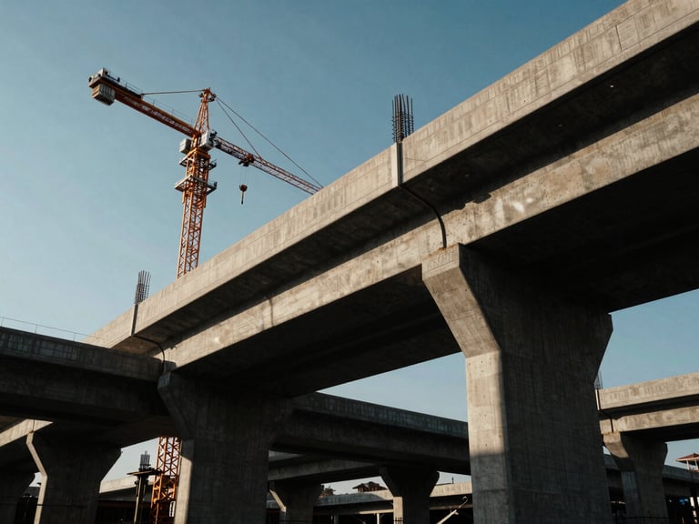 Dramatic low-angle shot of a massive concrete flyover under construction, heavy cranes, steel reinforcement cages visible, intense late-afternoon sun casting long shadows.