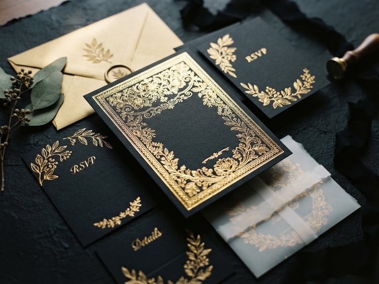 Macro flat-lay of premium wedding invitations with gold foil stamping on textured black paper, soft lateral studio lighting, shallow depth of field, 35mm
