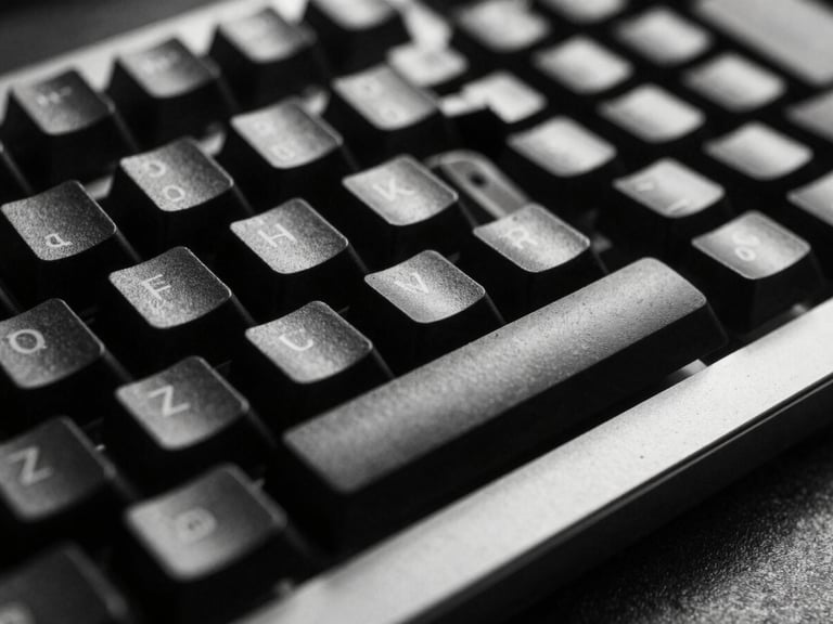 Macro close-up of a sleek mechanical keyboard and metallic desk surface, high-contrast studio lighting, deep shadows, sharp focus, 35mm film grain.