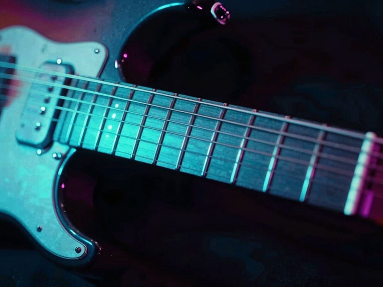 Extreme close-up of a neon-glowing electric guitar fretboard with cyan backlighting, high contrast, 35mm lens