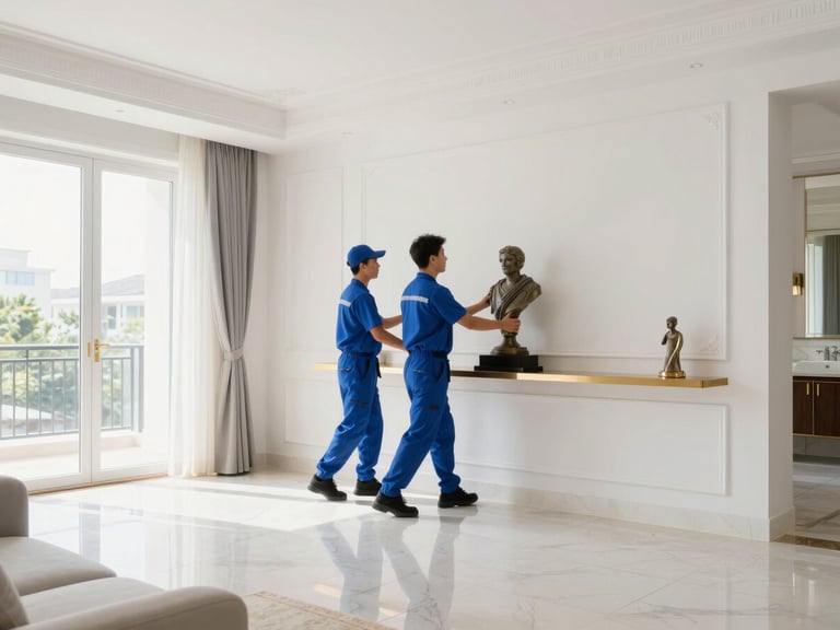 Wide shot of a bright, luxurious apartment living room with a professional mover placing a sculpture onto a shelf, pristine surroundings, 35mm lens.