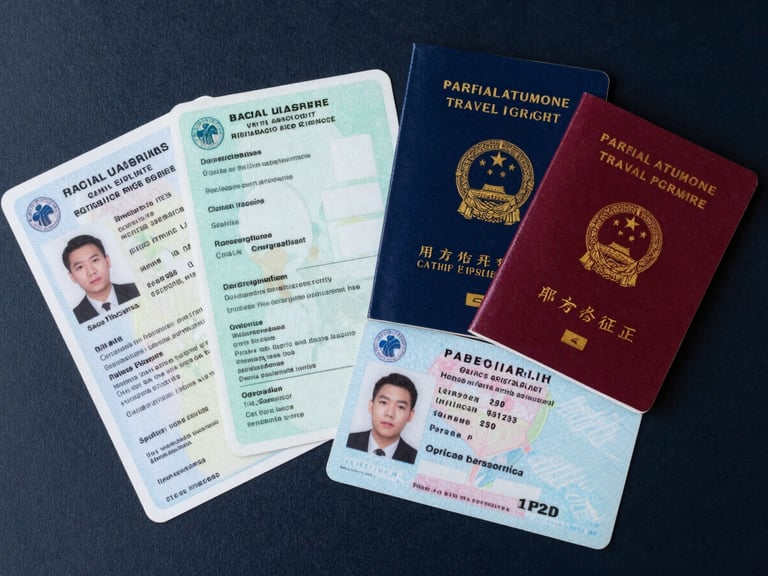 Overhead flat-lay of a spread of official travel documents — vehicle registration, insurance certificate, and an IDP — arranged on a dark navy surface under clean studio light, no hands, documentary framing