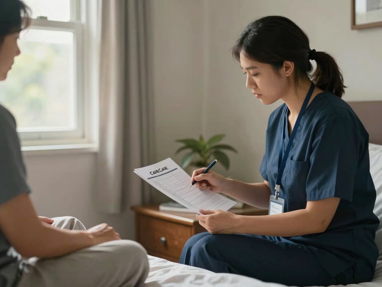 Wide environmental shot of a home bedroom during a care visit — a caregiver in a lanyard with a visible ID badge reviewing a printed care chart at a bedside table, soft afternoon daylight from a window to the left, a client's hand visible resting on a folded blanket