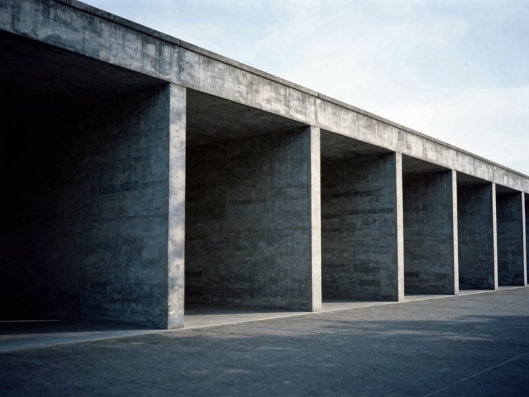 Wide-angle architectural perspective of a brutalist concrete pavilion, clean geometric lines, dramatic side-lighting casting sharp shadows, cool overcast daylight, deep charcoal and silver tones, 35mm