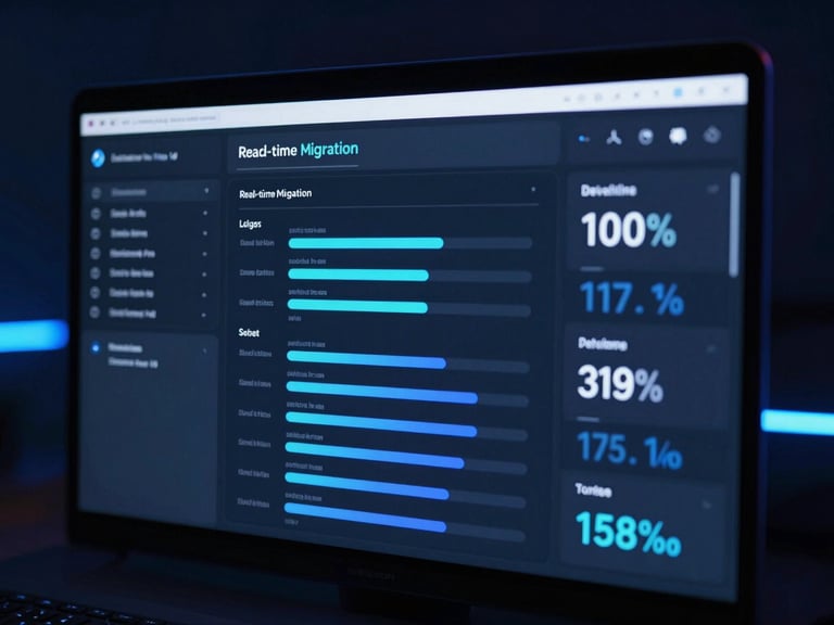 A dark-themed developer dashboard displaying real-time migration logs, database sync progress bars, and zero-latency routing metrics under cool neon blue ambient light.