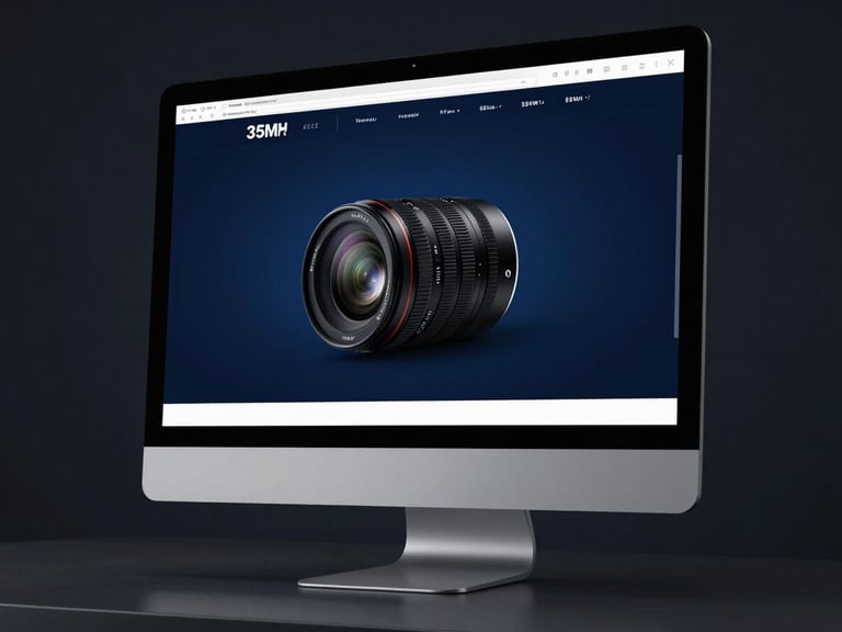 A sleek, modern web design interface displayed on a high-end desktop monitor in a creative studio, cinematic lighting, deep navy and charcoal background, 35mm lens