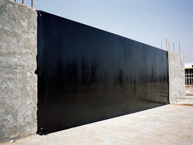 Industrial construction shot of thick black bituminous waterproofing membrane applied to a raw concrete foundation wall, high contrast.
