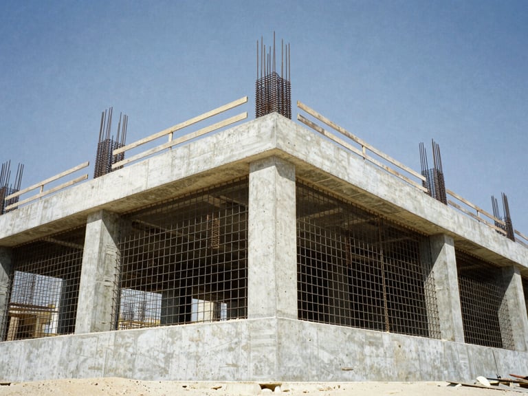 Low-angle industrial construction photography of a massive concrete foundation with dense steel rebar grids under harsh Kuwaiti desert sunlight, raw and powerful, high-contrast concrete and steel, 35mm film