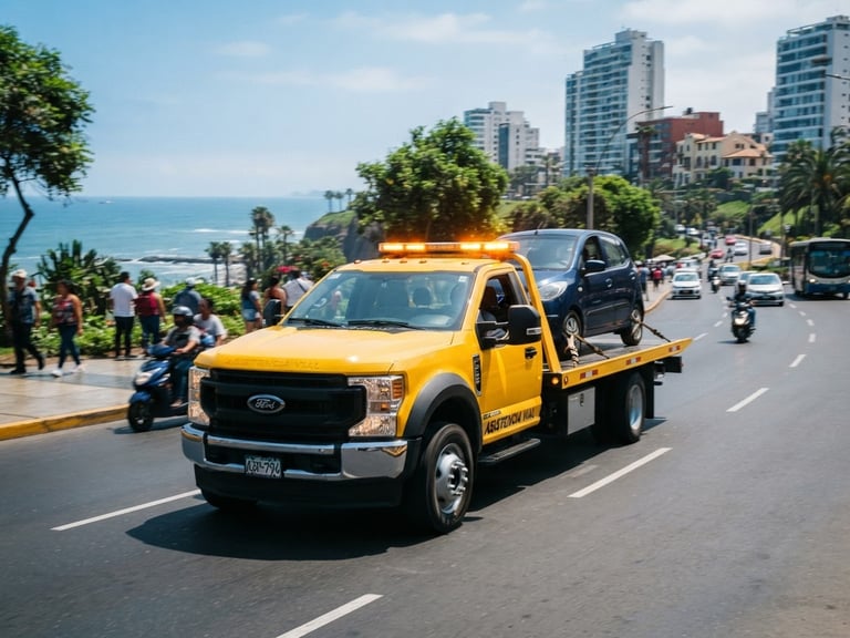 Dynamic wide shot of a modern yellow flatbed tow truck driving through Miraflores, Lima, in bright daylight, clean vehicle, high-contrast amber and deep blue tones, 35mm