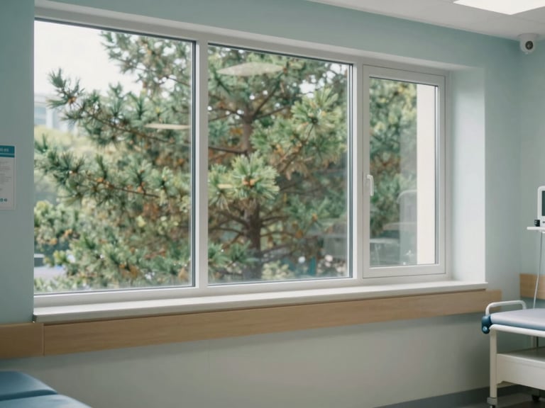 A clean, modern outpatient recovery room with large windows showing soft green pine trees, gentle morning light, peaceful clinical environment