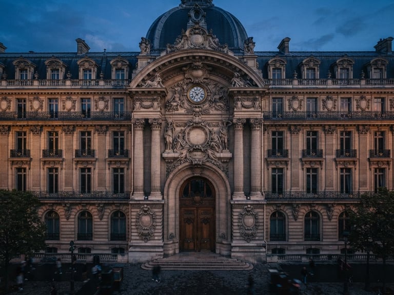 Symmetrical architectural details of a prestigious Parisian financial building, deep matte shadows, warm bronze highlights, editorial photography, 35mm lens