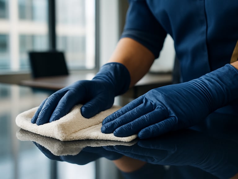 Close-up of a professional cleaning technician's hands, in gloves, meticulously polishing a reflective surface in a modern office, showing attention to detail, clean corporate navy and gold tones, sharp focus.