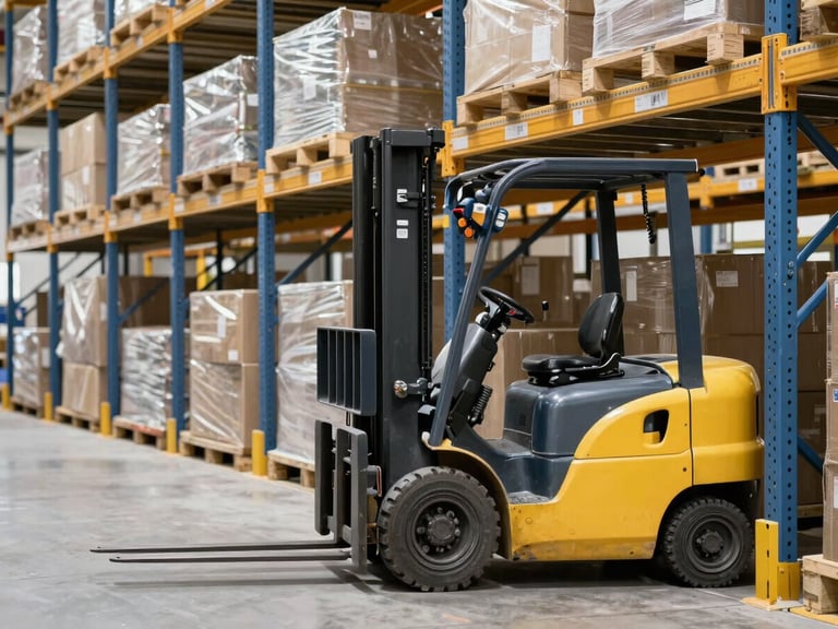 Organized warehouse with forklifts and shelves, clean and efficient, bright natural daylight, 35mm