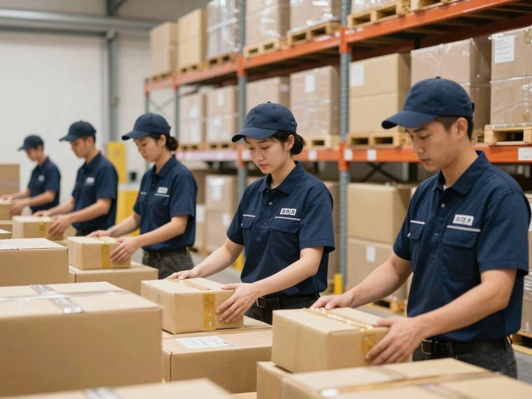 Team of logistics professionals in immaculate uniforms organizing packages in a modern, clean warehouse, medium shot, 35mm