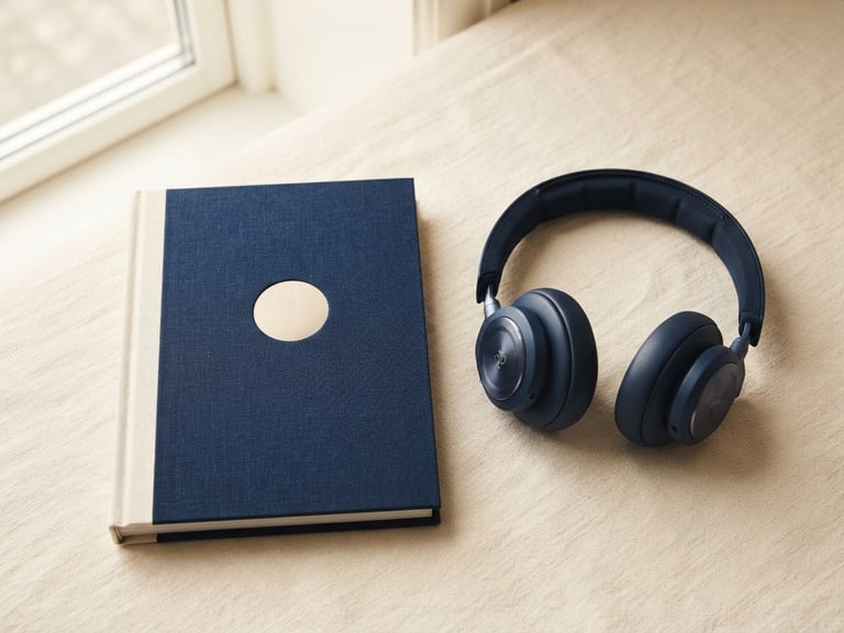 Flatlay composition of a minimalist book cover beside sleek modern headphones on a warm cream linen surface, soft natural window light, editorial photography