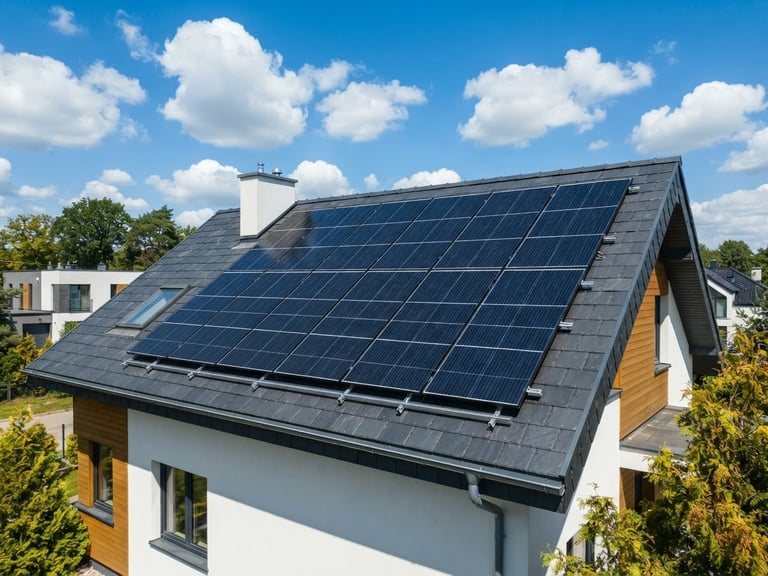 Crisp architectural photography of a premium residential solar array on a modern dark slate roof, bright direct midday sunlight, sharp high-contrast blue and yellow tones, 35mm