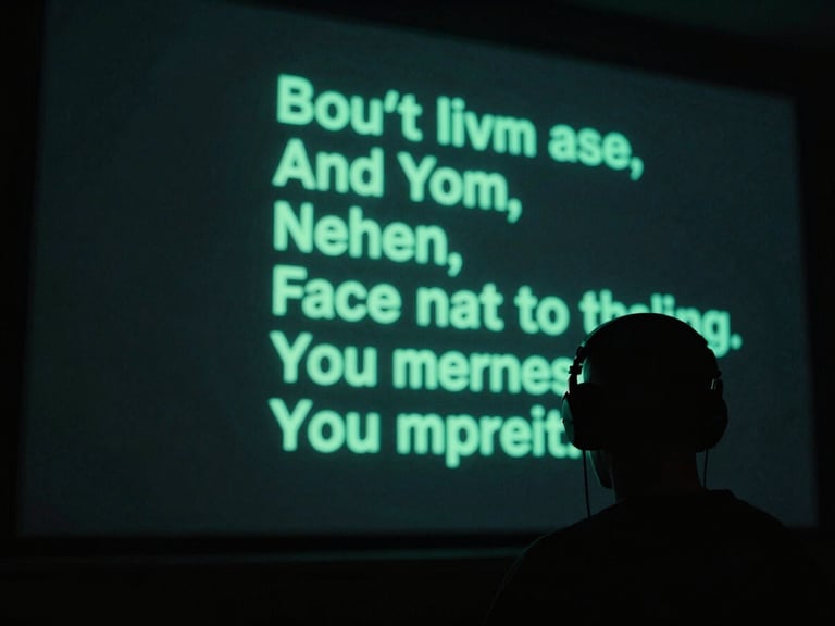 Dynamic shot of lyrics being displayed on a large screen in a dark studio, a person's silhouette with headphones, dramatic backlighting, neon green text elements, cinematic.
