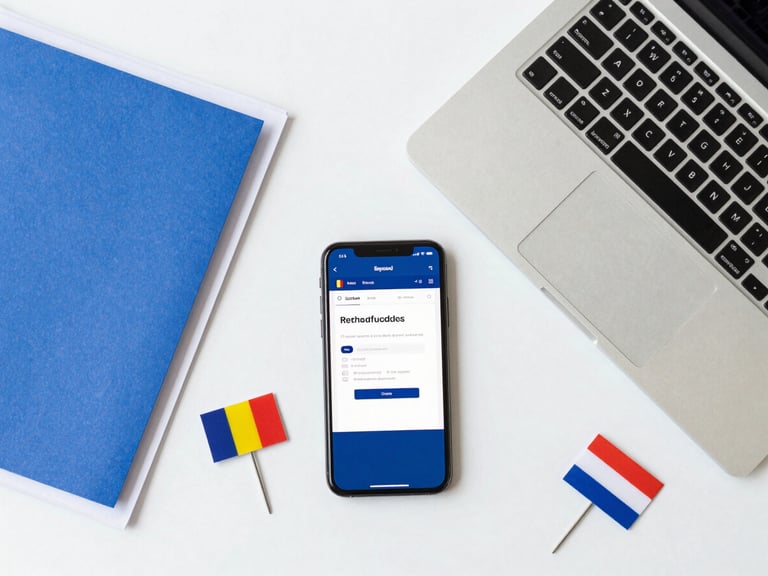 Overhead flat-lay of a clean workspace with a laptop, organized folders, a phone showing a secure Dutch portal, and subtle Romanian and Dutch flag pins, corporate blue tone, 35mm