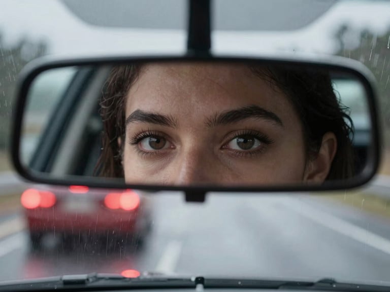 Wide panoramic close-up of a woman's eyes in the rearview mirror of a speeding muscle car, sharp motion blur, crimson taillights reflecting in the rain.
