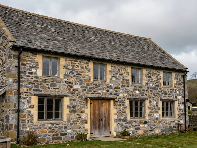 A completed traditional stone barn conversion in the Yorkshire Dales, showing restored slate roof, timber windows, and lime mortar joints under an overcast sky.