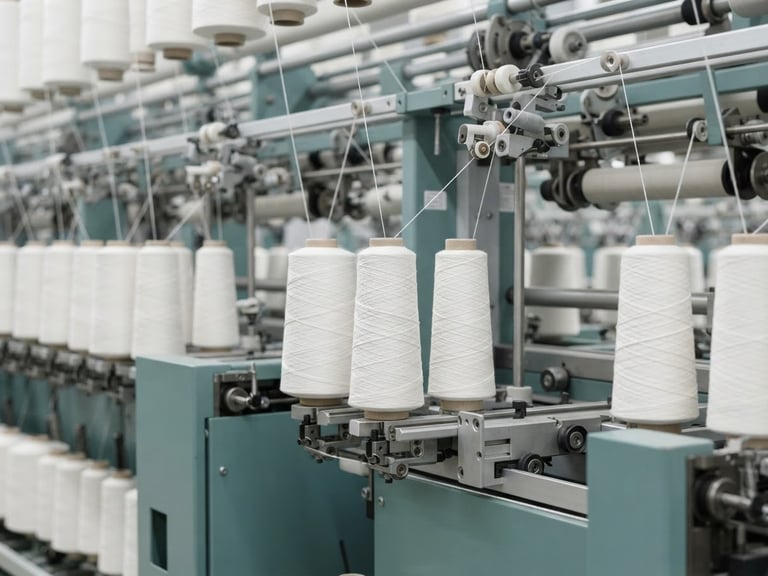 Macro detail shot of premium combed cotton yarn cones on a modern spinning frame, bright neutral daylight, crisp industrial focus