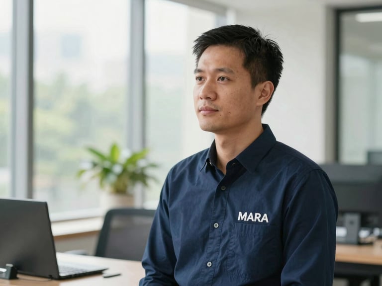 Professional portrait of a Vietnamese male MARA-registered migration agent, mid-shot, looking thoughtful and approachable in a contemporary office. Natural daylight.