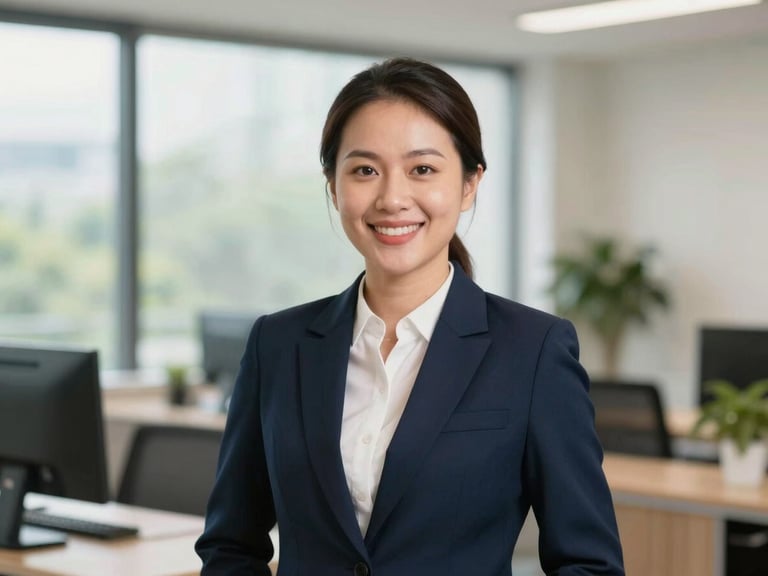 Professional portrait of a Vietnamese female MARA-registered migration agent, mid-shot, smiling confidently in a bright, modern office setting. Natural daylight.