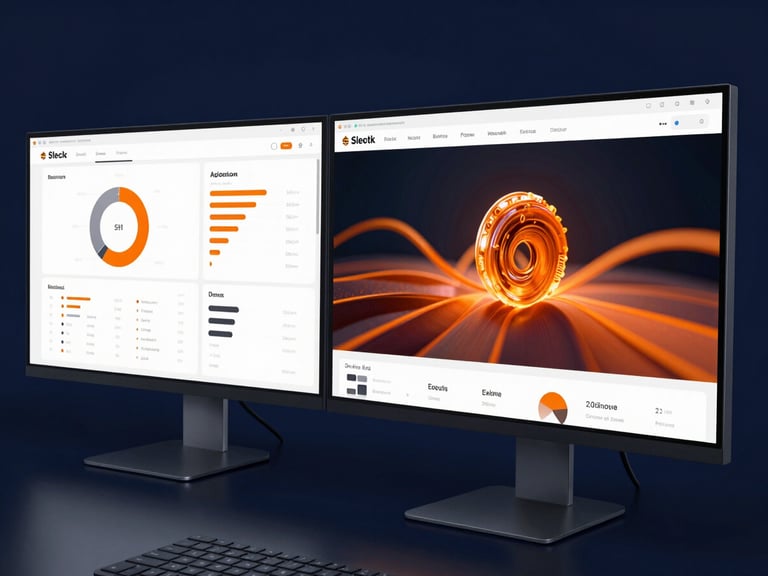 Sleek modern workspace with dual monitors displaying complex analytics, macro focus on clean UI dashboard, vibrant orange accent glows, deep navy background.
