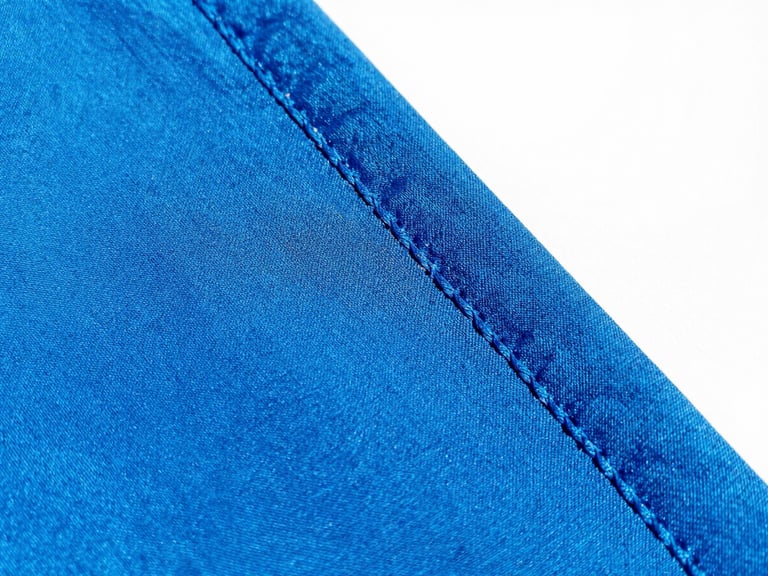 Close-up of durable stitching on a vibrant electric blue fabric, bright energetic natural sunlight, 35mm