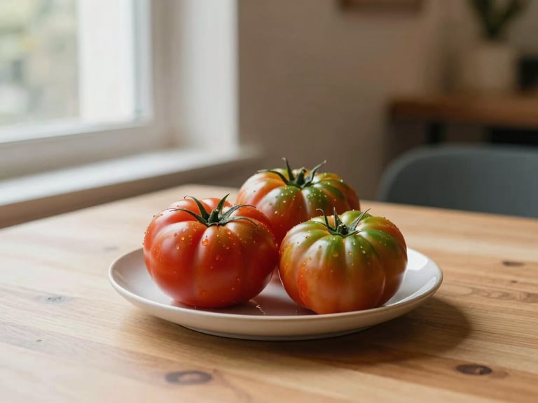 Warm editorial photography, soft natural morning light from the side, a minimalist plate of fresh heirloom tomatoes on a light wooden table inside a Scandinavian style restaurant, shallow depth of field, 35mm.