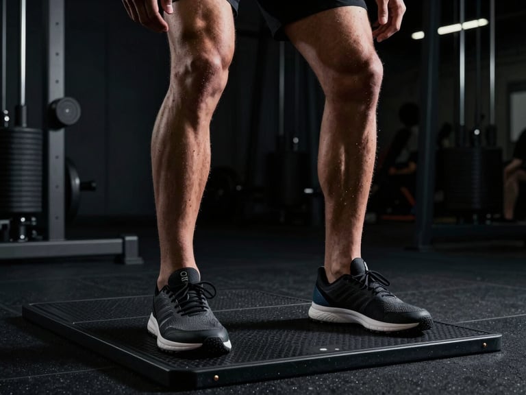 Close-up of a professional athlete performing a force plate test in a dark-mode elite training facility, high-contrast lighting highlighting muscle definition