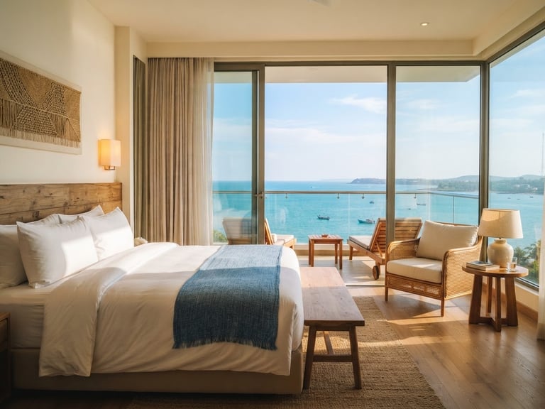 Bright sunlit Deluxe Sea View room interior, large glass windows opening to the blue Bay of Bengal, warm morning light, crisp white linens, editorial travel photography style, 35mm