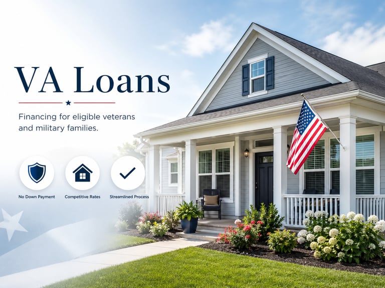VA loans for veterans featuring a suburban house with an American flag and home financing benefits.