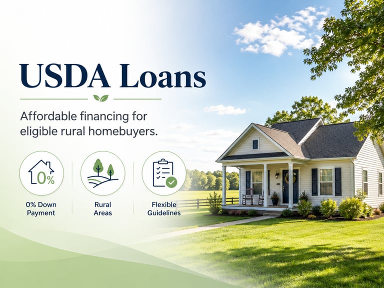 USDA loans infographic showing a rural house with zero down payment and flexible home financing guidelines.