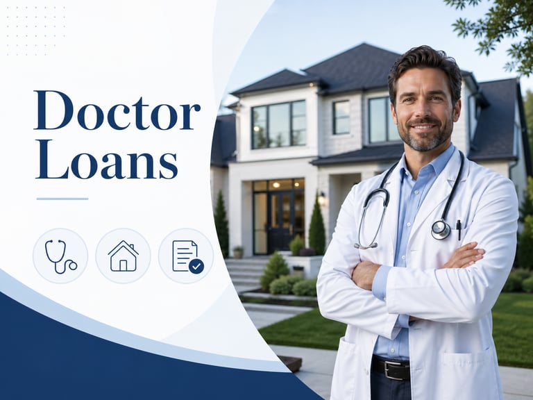 A smiling male physician in a white coat standing in front of a modern house for doctor loans.