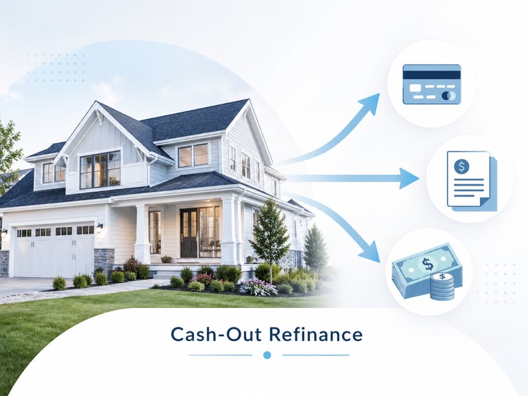 A modern suburban home infographic explaining cash-out refinance for debt and cash savings.