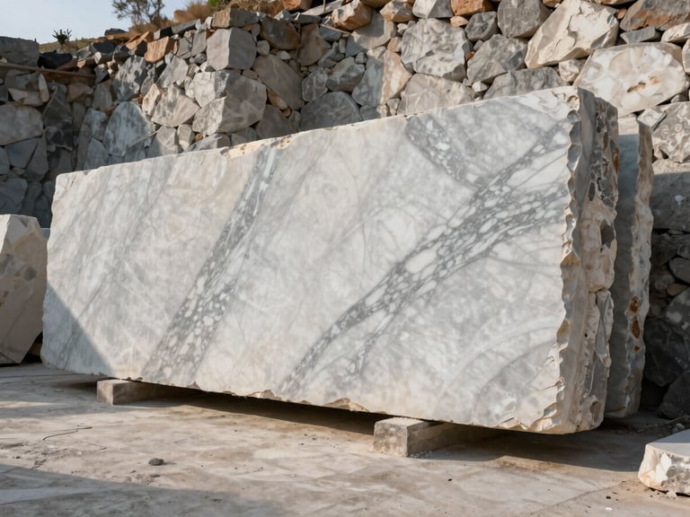 Marble slabs leaning upright against a stone wall in a Bolivian quarry facility, early morning natural light revealing white-grey veining across the cut face, rough unfinished stone floor in the foreground