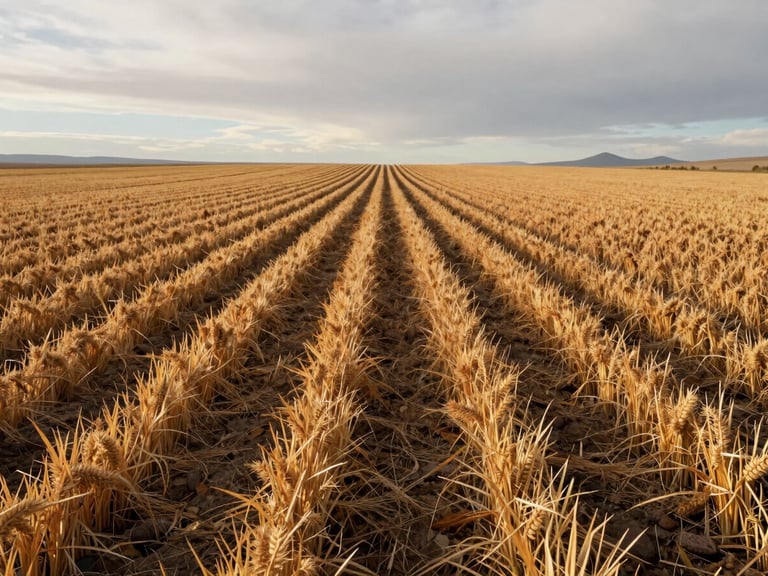 Wide documentary shot of a Bolivian quinoa field at harvest, rows of dried grain stalks in golden tones under flat overcast morning light, no people, expansive agricultural landscape