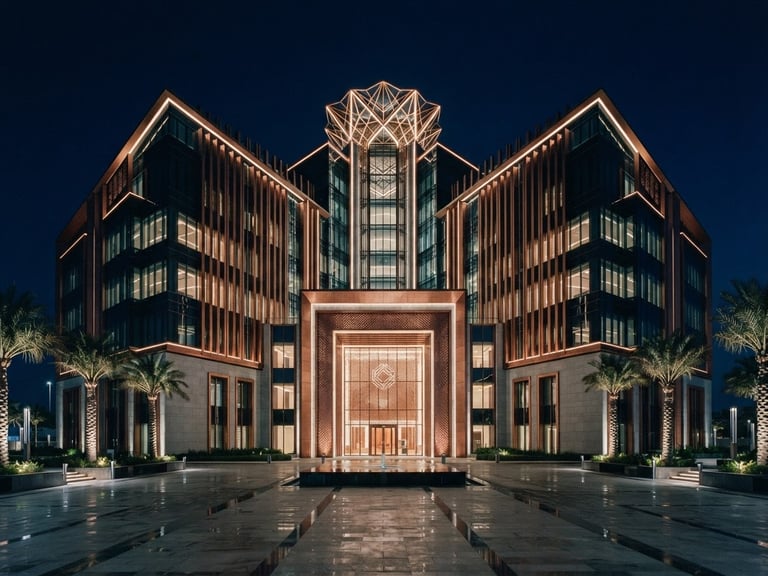 Symmetric architectural perspective of a modern sovereign corporate headquarters in Ajman, dramatic low-key lighting, brushed copper highlights, 35mm